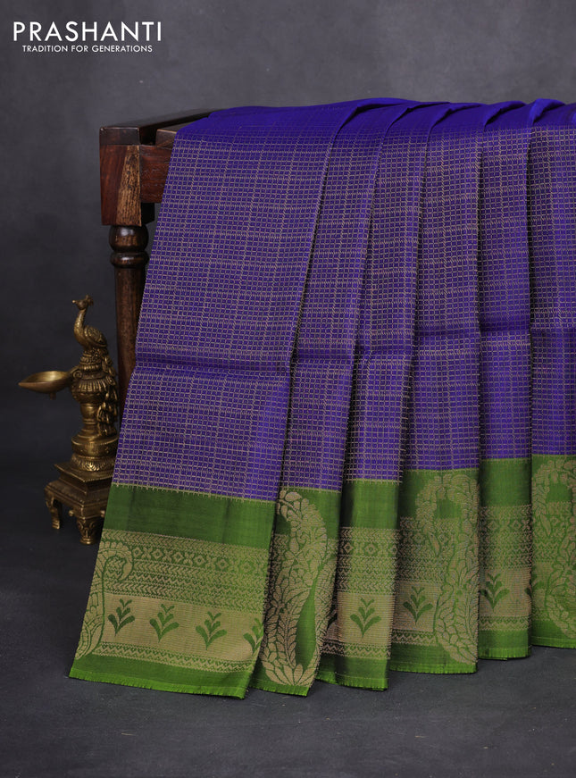 Kanchipuram soft silk saree blue and light green with allover zari woven brocdae weaves and long zari woven border