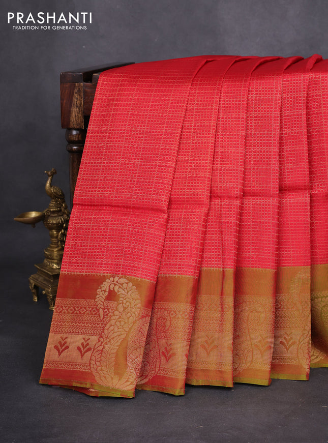Kanchipuram soft silk saree red and dual shade of greenish red with allover zari woven brocdae weaves and long zari woven border