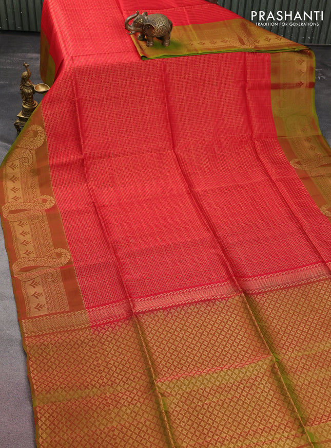 Kanchipuram soft silk saree red and dual shade of greenish red with allover zari woven brocdae weaves and long zari woven border