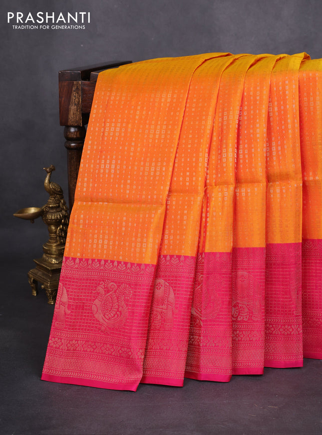 Kanchipuram soft silk saree dual shade of mango yellow and pink with allover zari woven brocdae weaves and long zari woven border