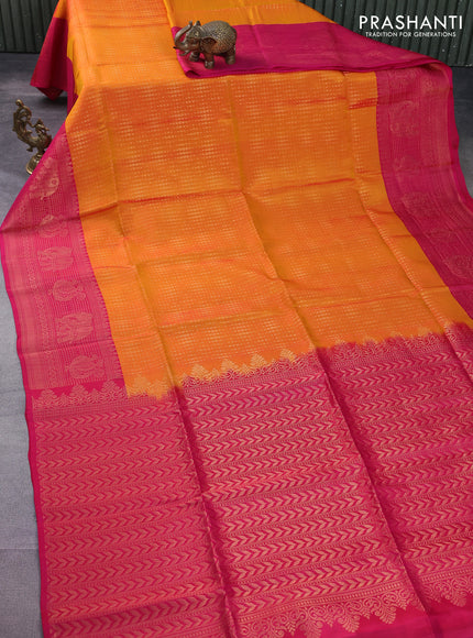 Kanchipuram soft silk saree dual shade of mango yellow and pink with allover zari woven brocdae weaves and long zari woven border