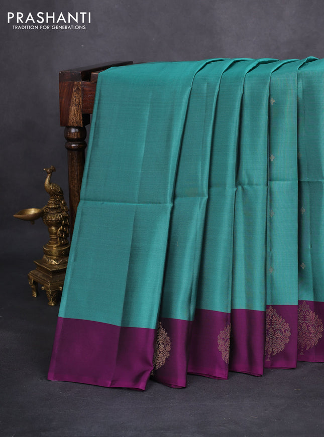 Kanchipuram soft silk saree teal green shade and purple with zari woven buttas and zari woven butta border