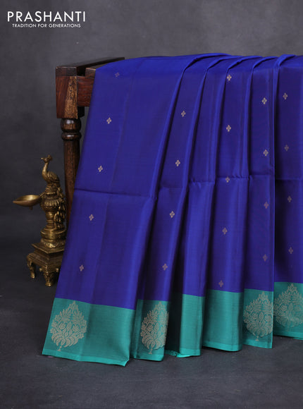 Kanchipuram soft silk saree blue and teal green with zari woven buttas and zari woven butta border