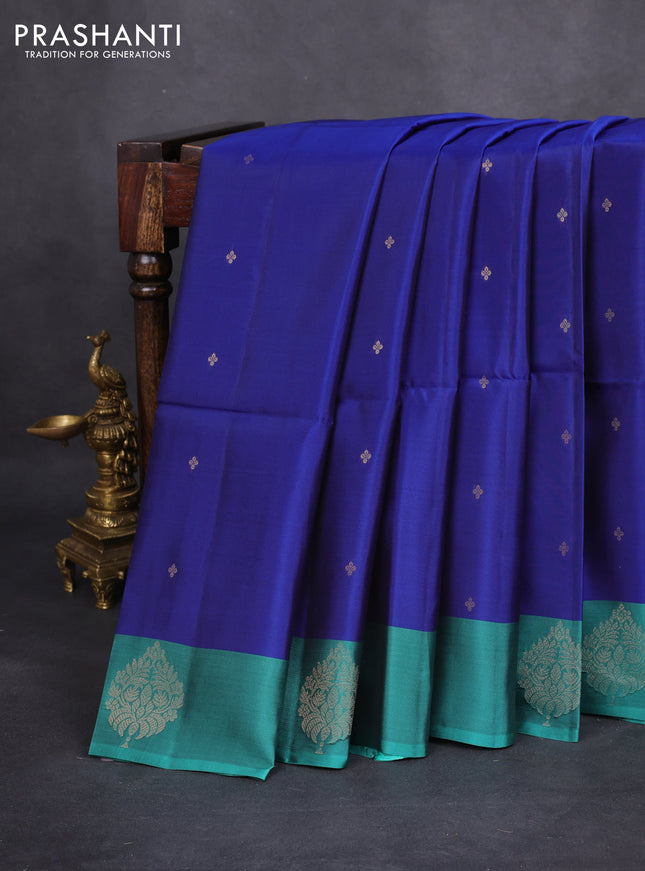 Kanchipuram soft silk saree blue and teal green with zari woven buttas and zari woven butta border