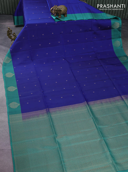 Kanchipuram soft silk saree blue and teal green with zari woven buttas and zari woven butta border