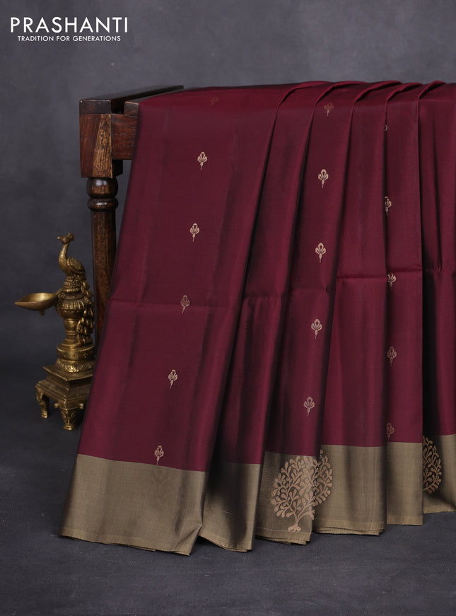 Kanchipuram soft silk saree wine shade and chikku shade with zari woven buttas and zari woven butta border