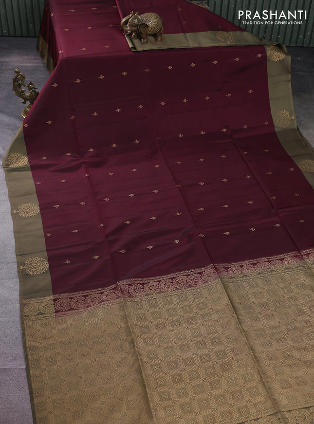 Kanchipuram soft silk saree wine shade and chikku shade with zari woven buttas and zari woven butta border