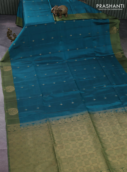 Kanchipuram soft silk saree peacock green and sap green with zari woven buttas and zari woven butta border