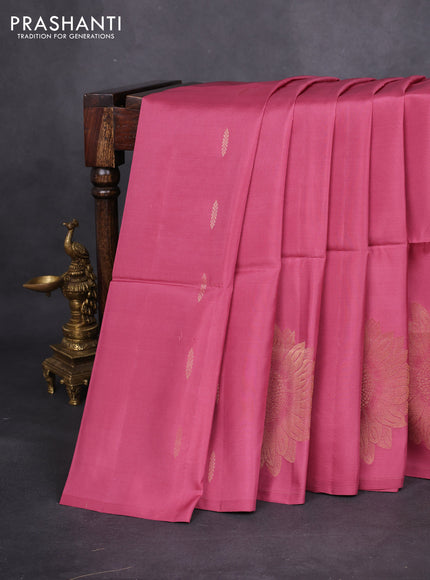 Kanchipuram soft silk saree dark peach with allover zari woven buttas and zari woven floral butta border