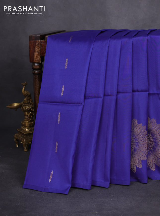 Kanchipuram soft silk saree blue with allover zari woven buttas and zari woven floral butta border