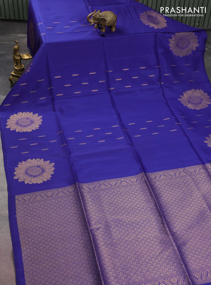 Kanchipuram soft silk saree blue with allover zari woven buttas and zari woven floral butta border
