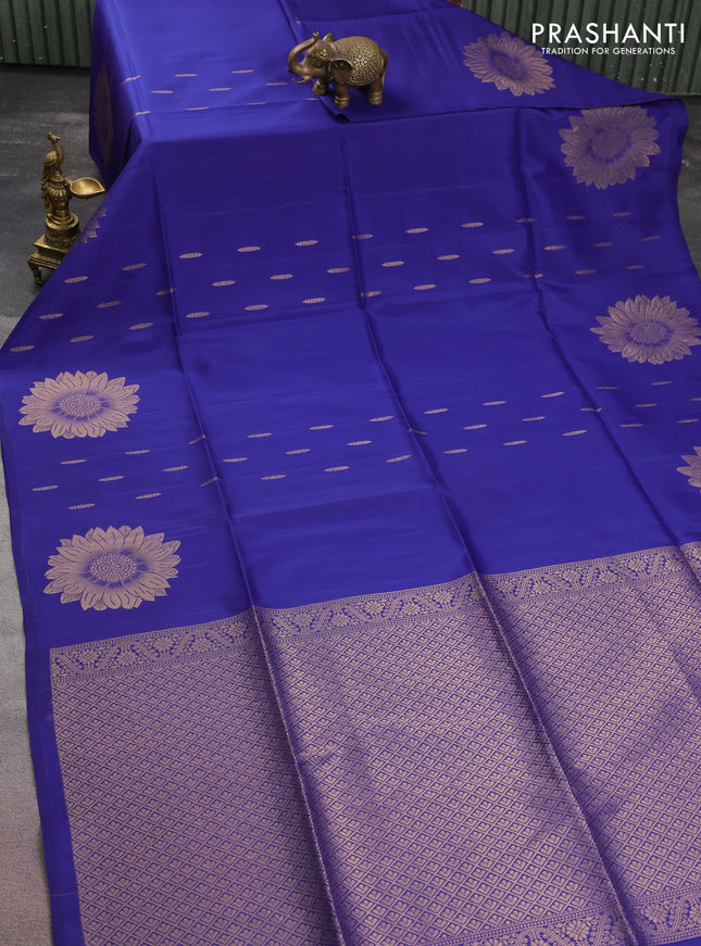 Kanchipuram soft silk saree blue with allover zari woven buttas and zari woven floral butta border