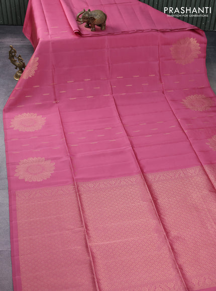 Kanchipuram soft silk saree dark peach with allover zari woven buttas and zari woven floral butta border
