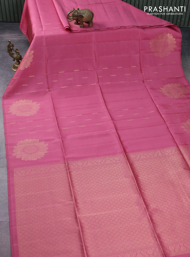 Kanchipuram soft silk saree dark peach with allover zari woven buttas and zari woven floral butta border