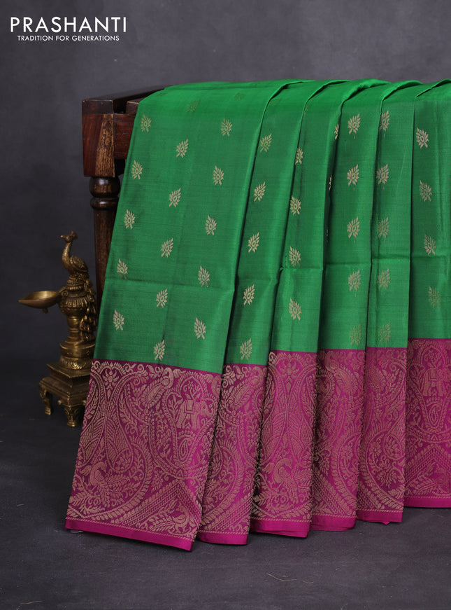 Kanchipuram soft silk saree green and purple with allover zari woven buttas and long zari woven border