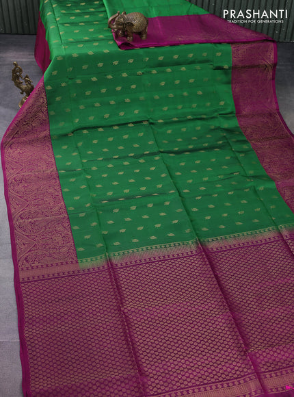 Kanchipuram soft silk saree green and purple with allover zari woven buttas and long zari woven border