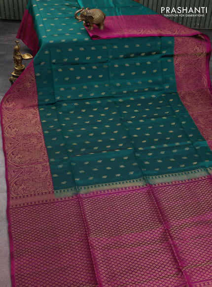 Kanchipuram soft silk saree peacock green and purple with allover zari woven buttas and long zari woven border