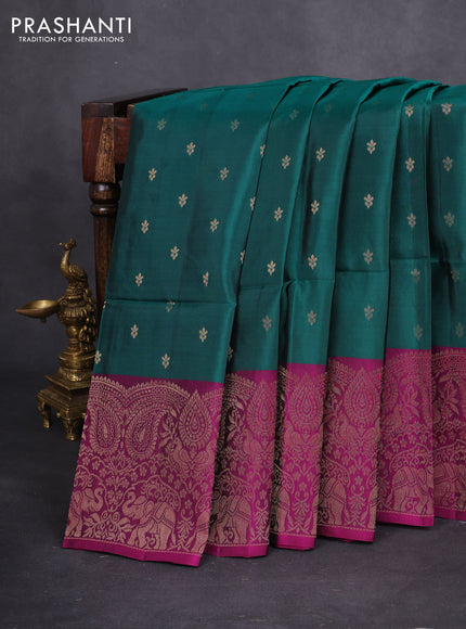 Kanchipuram soft silk saree peacock green and purple with allover zari woven buttas and long zari woven border
