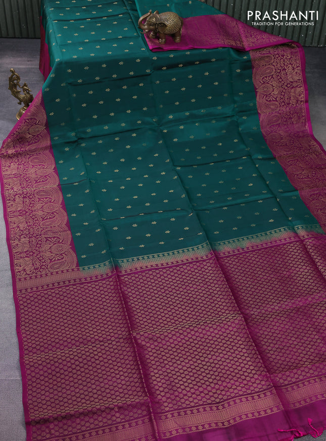 Kanchipuram soft silk saree peacock green and purple with allover zari woven buttas and long zari woven border