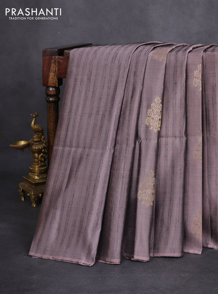 Kanchipuram soft silk saree grey shade and dark blue with zari buttas & jute finish in borderless style
