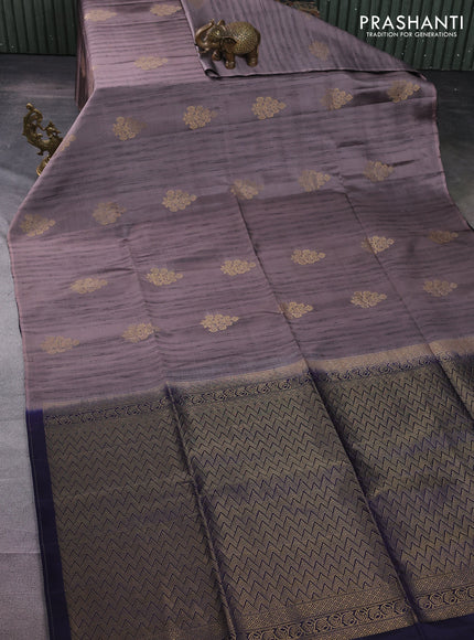 Kanchipuram soft silk saree grey shade and dark blue with zari buttas & jute finish in borderless style