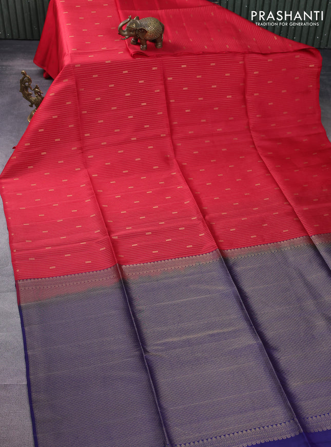 Kanchipuram soft silk saree red and blue with allover zari weaves in borderless style