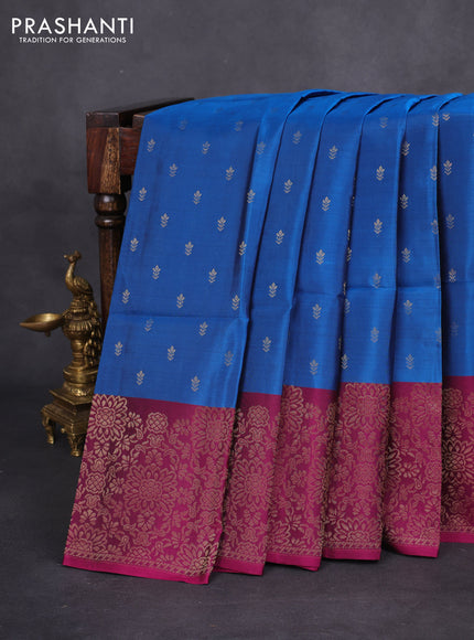 Kanchipuram soft silk saree cs blue and magenta pink with allover zari woven buttas and long zari woven border