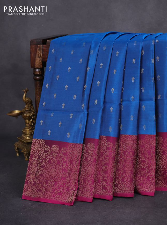 Kanchipuram soft silk saree cs blue and magenta pink with allover zari woven buttas and long zari woven border