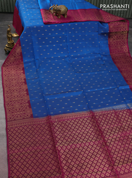 Kanchipuram soft silk saree cs blue and magenta pink with allover zari woven buttas and long zari woven border
