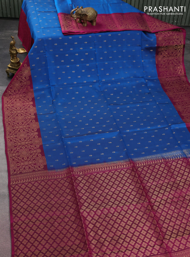 Kanchipuram soft silk saree cs blue and magenta pink with allover zari woven buttas and long zari woven border