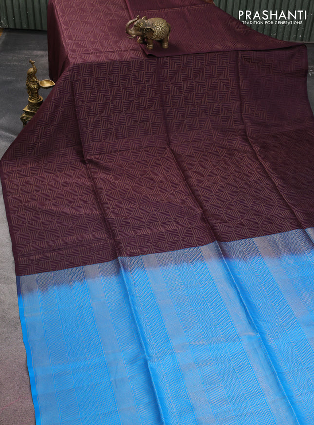 Kanchipuram soft silk saree wine shade and cs blue with allover zari woven brocade weaves in borderless style