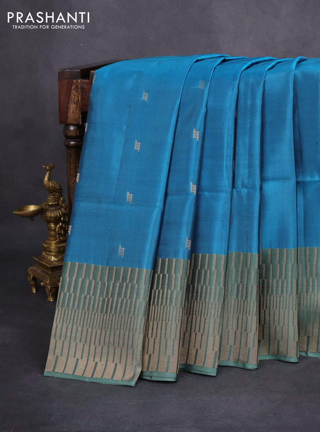 Kanchipuram soft silk saree cs blue and pastel green with zari woven buttas and long zari woven border