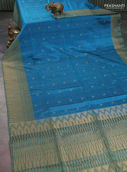 Kanchipuram soft silk saree cs blue and pastel green with zari woven buttas and long zari woven border