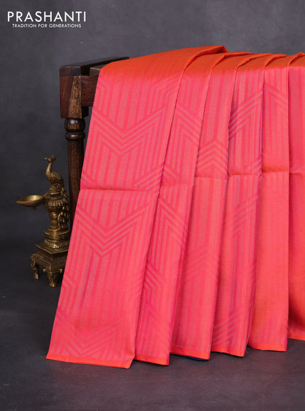 Kanchipuram soft silk saree dual shade of pinkish orange and dark blue with allover zari woven brocade weaves in borderless style