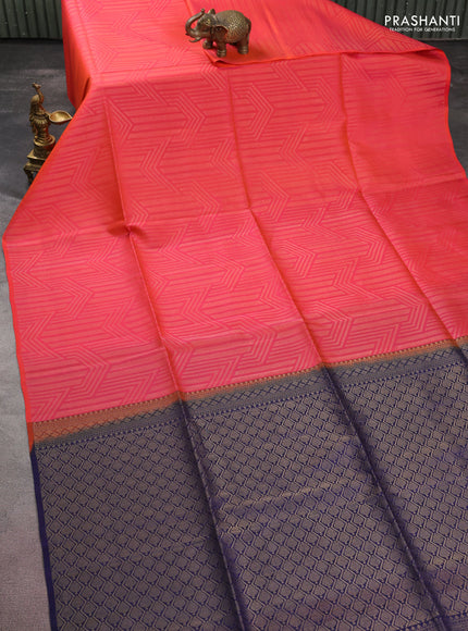 Kanchipuram soft silk saree dual shade of pinkish orange and dark blue with allover zari woven brocade weaves in borderless style