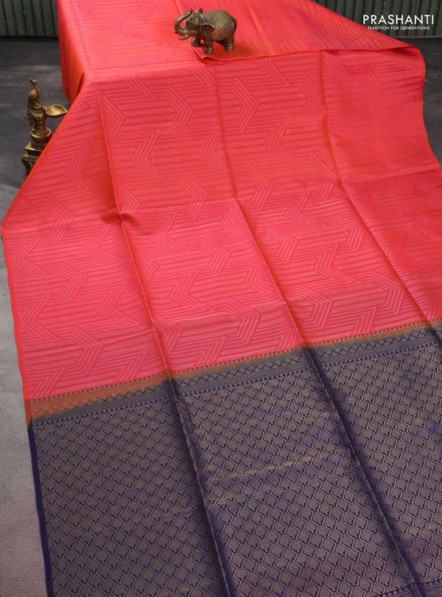 Kanchipuram soft silk saree dual shade of pinkish orange and dark blue with allover zari woven brocade weaves in borderless style