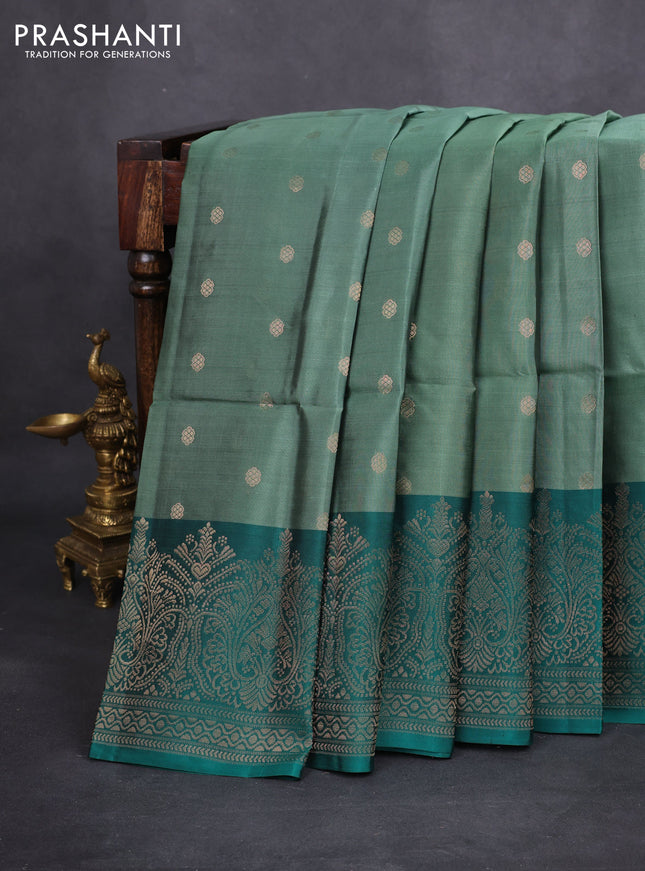 Kanchipuram soft silk saree pastel green shade and teal green with zari woven buttas and long zari woven border