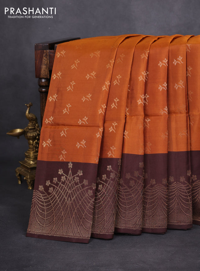 Kanchipuram soft silk saree rust shade and coffee brown with zari woven buttas and long zari woven border