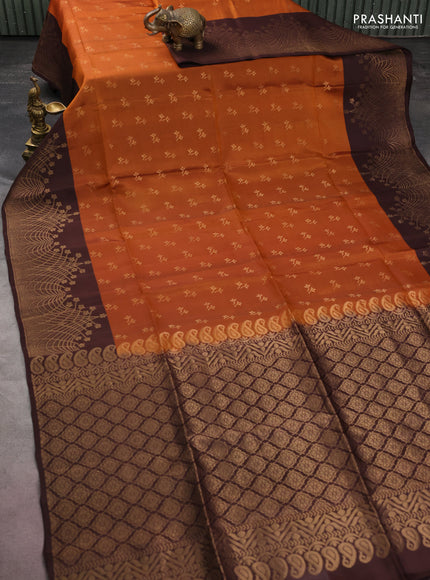 Kanchipuram soft silk saree rust shade and coffee brown with zari woven buttas and long zari woven border