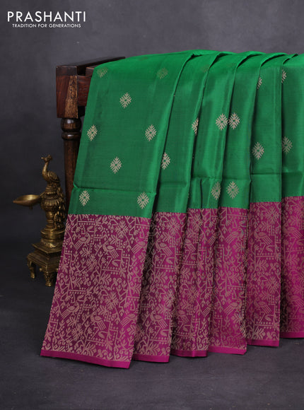 Kanchipuram soft silk saree green and purple with zari woven buttas and long zari woven border