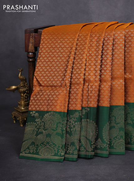 Kanchipuram soft silk saree dark mustard and dark green with allover zari woven brocade weaves and long zari woven border