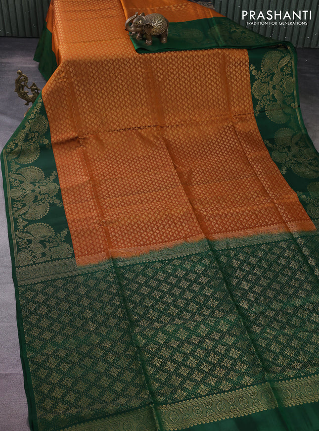 Kanchipuram soft silk saree dark mustard and dark green with allover zari woven brocade weaves and long zari woven border