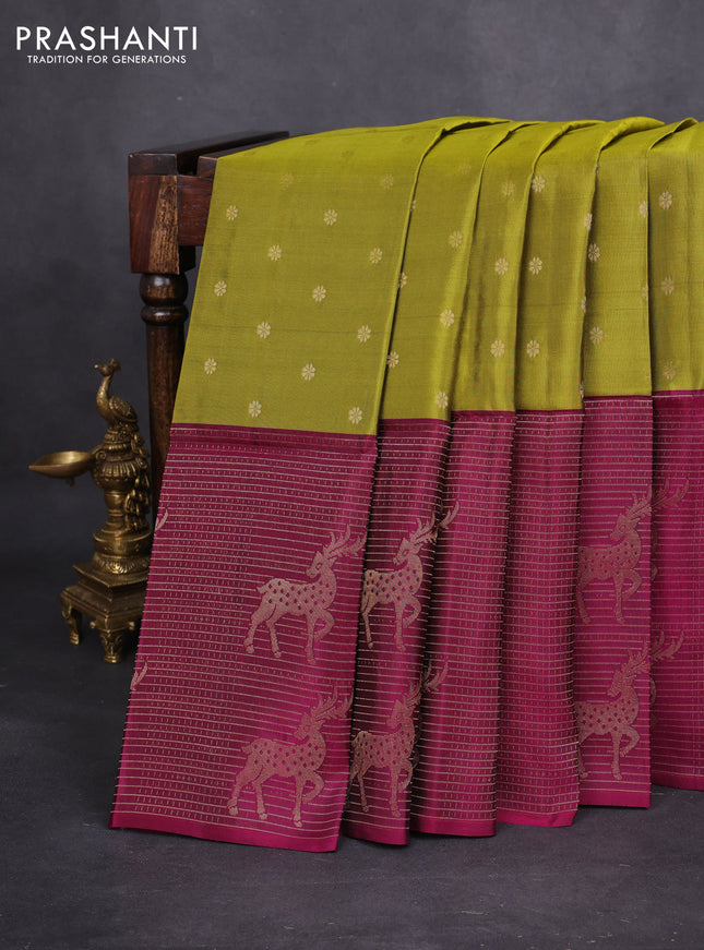 Kanchipuram soft silk saree mehendi green with allover zari woven floral buttas and long zari woven border