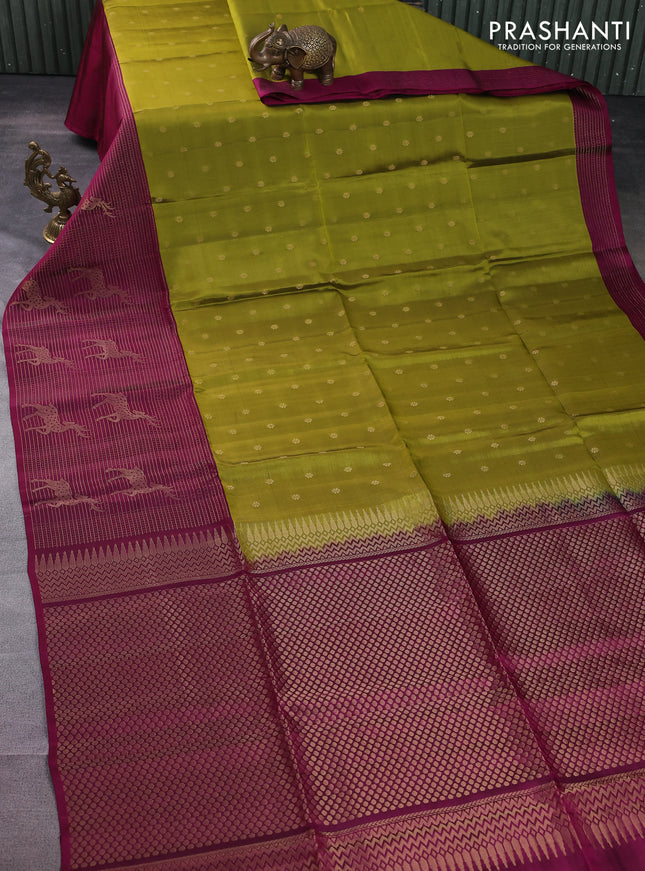 Kanchipuram soft silk saree mehendi green with allover zari woven floral buttas and long zari woven border