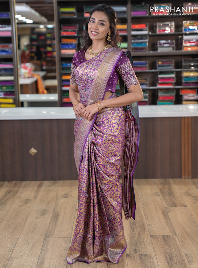 Pure kanchipuram silk saree purple with allover zari woven mina weaves and rich zari woven border