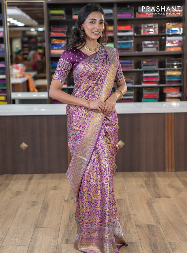 Pure kanchipuram silk saree purple with allover zari woven mina weaves and rich zari woven border