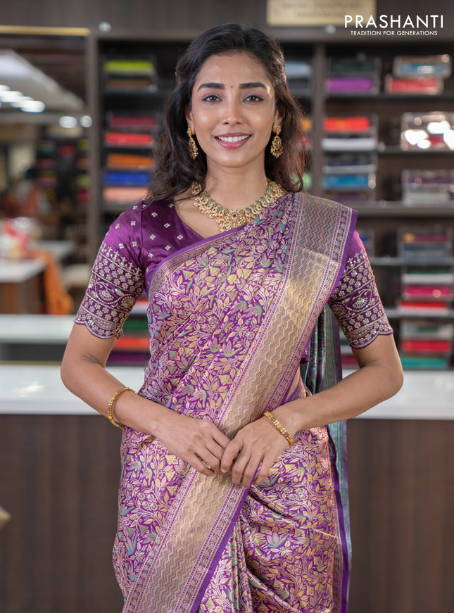 Pure kanchipuram silk saree purple with allover zari woven mina weaves and rich zari woven border