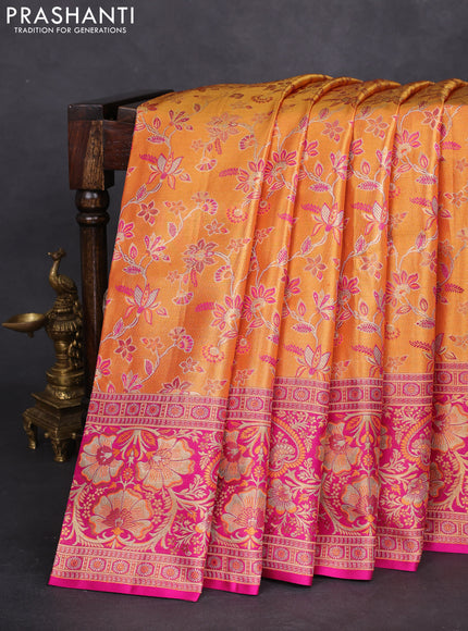 Pure kanchipuram tissue silk saree orange and pink with allover zari woven mina weaves and rich zari woven border