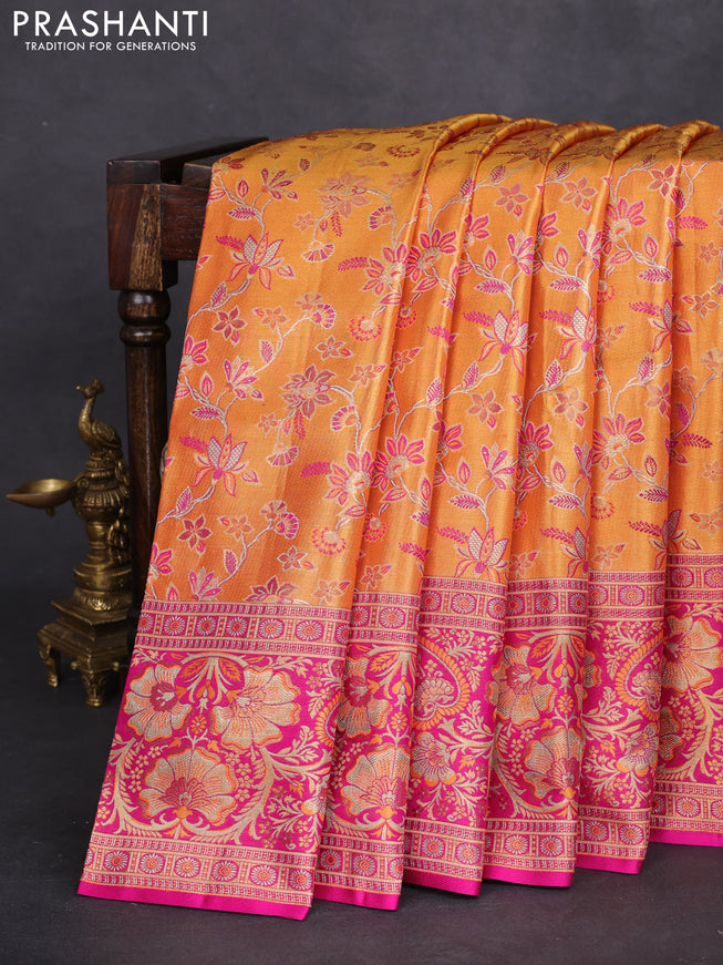 Pure kanchipuram tissue silk saree orange and pink with allover zari woven mina weaves and rich zari woven border