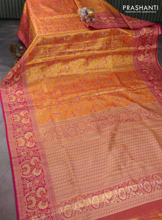 Pure kanchipuram tissue silk saree orange and pink with allover zari woven mina weaves and rich zari woven border